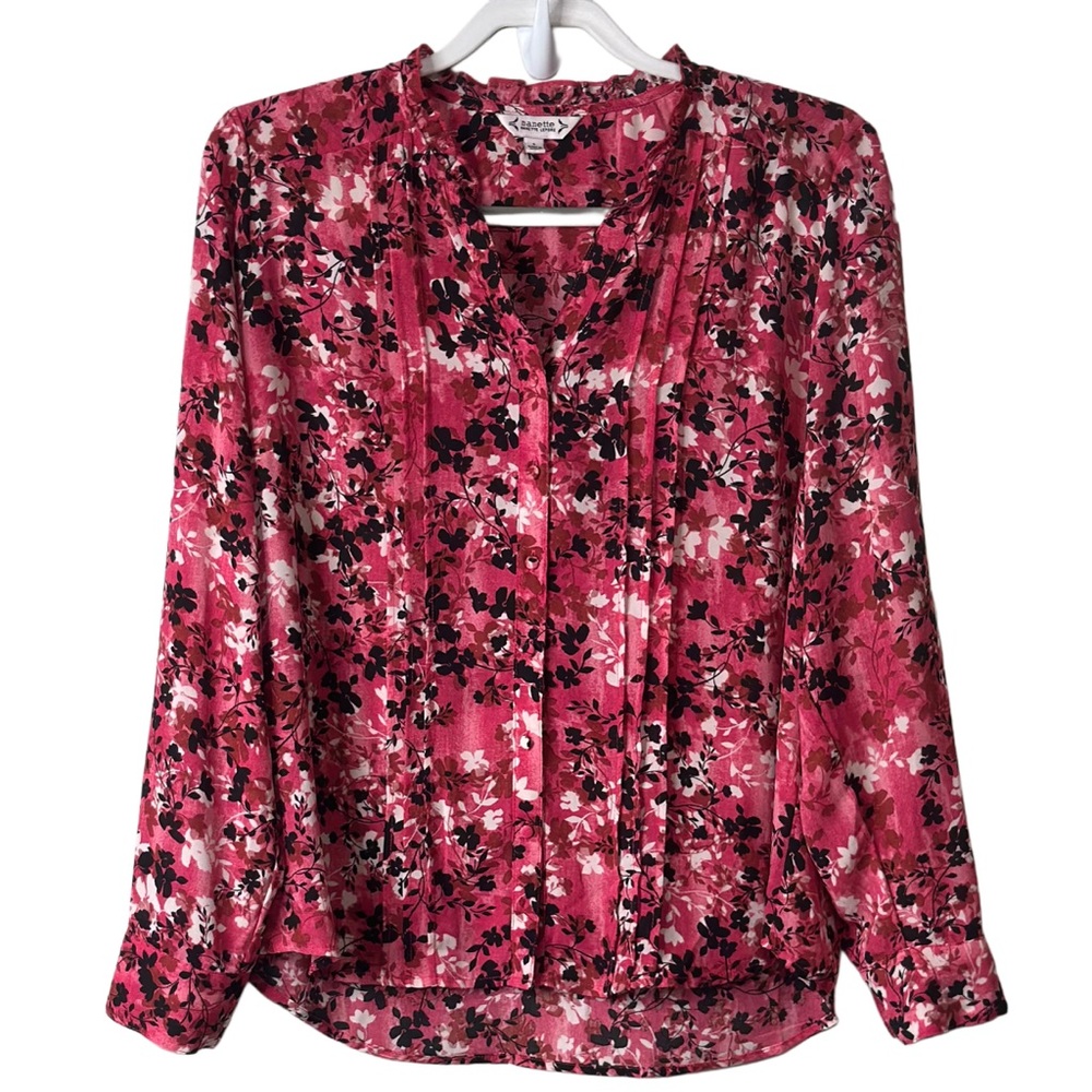 Nanette Nanette Lepore Pink Floral V-Neck Button Up Blouse Size Sz L‎